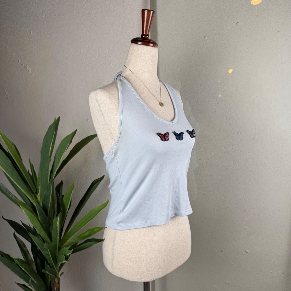 Y2K Fairy Indie Wild Fable Halter Top Large Light Blue Butterfly Patch Crop Tank